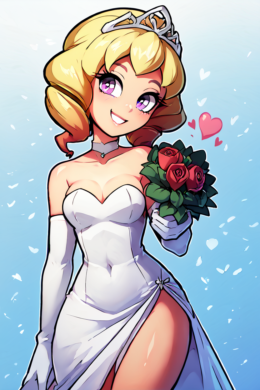 score_9, score_8_up, score_8, medium breasts, (curvy), cute, eyelashes,       BREAK, , zzDomino, purple eyes, blonde hair, drill hair,  <lora:Domino_Pokemon_PDXL:1.0>,  , BREAK, smile, looking at viewer,  bride, wedding dress, bridal veil, strapless dress, elbow gloves,  holding bouquet,  hearts, white outline, cowboy shot, embedding:zPDXL, Expressiveh, <lora:theOtherHalfPDXL:0.8>,  <lora:CatalystStylePDXL:0.6>,  <lora:SDXLFaeTastic2400:0.5>,  <lora:Expressive_H-000001:0.4>,
