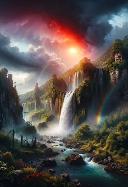 dark, low-key,
A detailed dramatic illustration of a rainbow, with red color dark magic splash, rainbow in the sky, rainbow from a waterfall cliff to a cloud, dark gothic, 3D Vector Art, fantasy art, watercolor effect, bokeh, Adobe Illustrator, hand-drawn, digital art, isometric style, retro aesthetic, focused on the character, 4K resolution, photorealistic rendering, using cinema 4D 
Wide range of colors., Dramatic,Dynamic,Cinematic,Sharp details
Insane quality. Insane resolution. Insane details. Masterpiece. 32k resolution.
dvr-lnds-sdxl, ral-apoctvisn, zavy-rmlght,