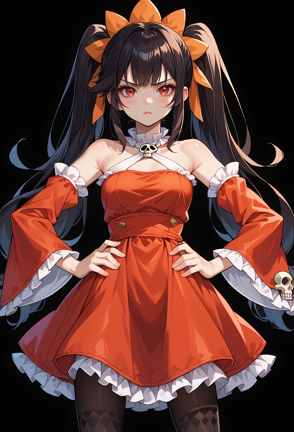 score_9, score_7_up, source_anime, BREAK  <lora:ashley_warioware:0.7> black hair, twintails, long hair, red eyes, orange hairband, bangs, skull, pantyhose, red dress, pout, standing, leaning, hands on own hips, legs apart, solo,, <lora:mxmarina:0.8>  Hair ribbon, frilled choker, criss-cross halter, sleeveless dress, high-waist skirt, backless dress, dress, waist bow, detached sleeves, frilled sleeves, wide sleeves, sleeves, black pantyhose, patterned legwear, pinstripe pantyhose, mary janes,