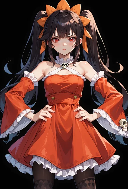 score_9, score_7_up, source_anime, BREAK <lora:ashley_warioware:0.7> black hair, twintails, long hair, red eyes, orange hairband, bangs, skull, pantyhose, red dress, pout, standing, leaning, hands on own hips, legs apart, solo,, <lora:mxmarina:0.8> Hair ribbon, frilled choker, criss-cross halter, sleeveless dress, high-waist skirt, backless dress, dress, waist bow, detached sleeves, frilled sleeves, wide sleeves, sleeves, black pantyhose, patterned legwear, pinstripe pantyhose, mary janes,