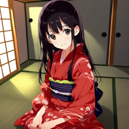 tatami room, 1girl,solo,indoors, black hair,long hair,smile,red kimono,sash,yukata,sitting,sitting on tatami,upper body,almic,ogipote,momisan,great quality