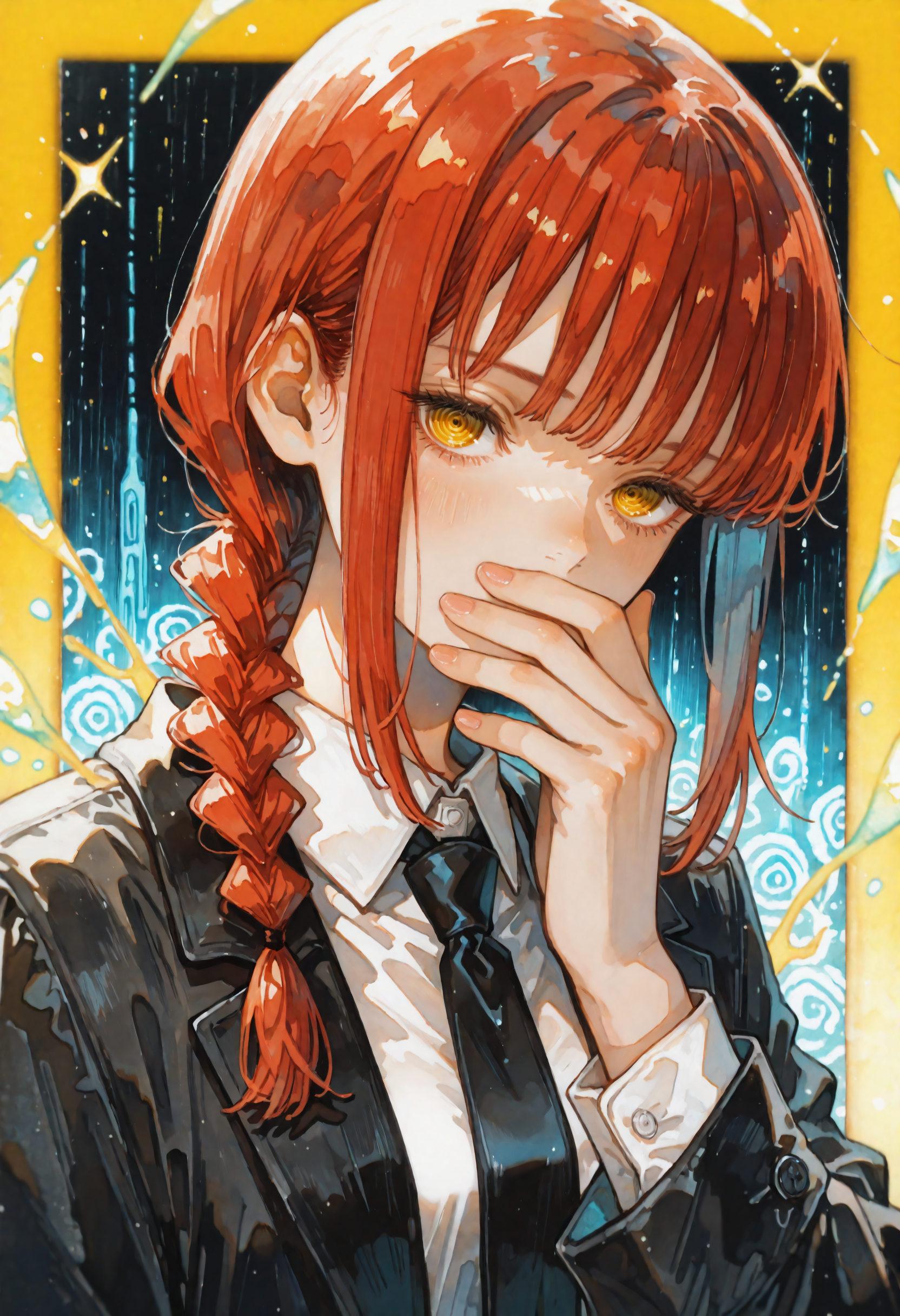 masterpiece, best quality, newest, absurdres, highres, very awa, anime screencap, no lineart, watercolor \(medium\), traditional media, painting \(medium\), ambient occlusion, depth of field, simple background, yellow background, ethereal glow, makima \(chainsaw man\), 1girl, ringed eyes, solo, yellow eyes, red hair, braid, looking at viewer, covering own mouth, braided ponytail, black necktie, necktie, sidelocks, shirt, fingernails, long sleeves, long hair, upper body, covered mouth, medium hair, hair over shoulder, collared shirt, black coat, buttoned cuffs