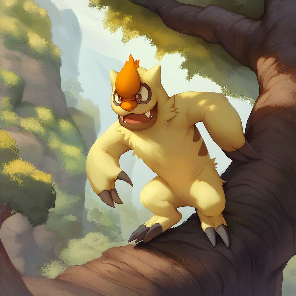 Score_7_up, score_8_up, full body, shiny pokemon, vigoroth, yellow fur, orange tuft, fangs, claws, semi anthro,  climbing tree, dynamic, outdoors, detailed setting, detailed background,
