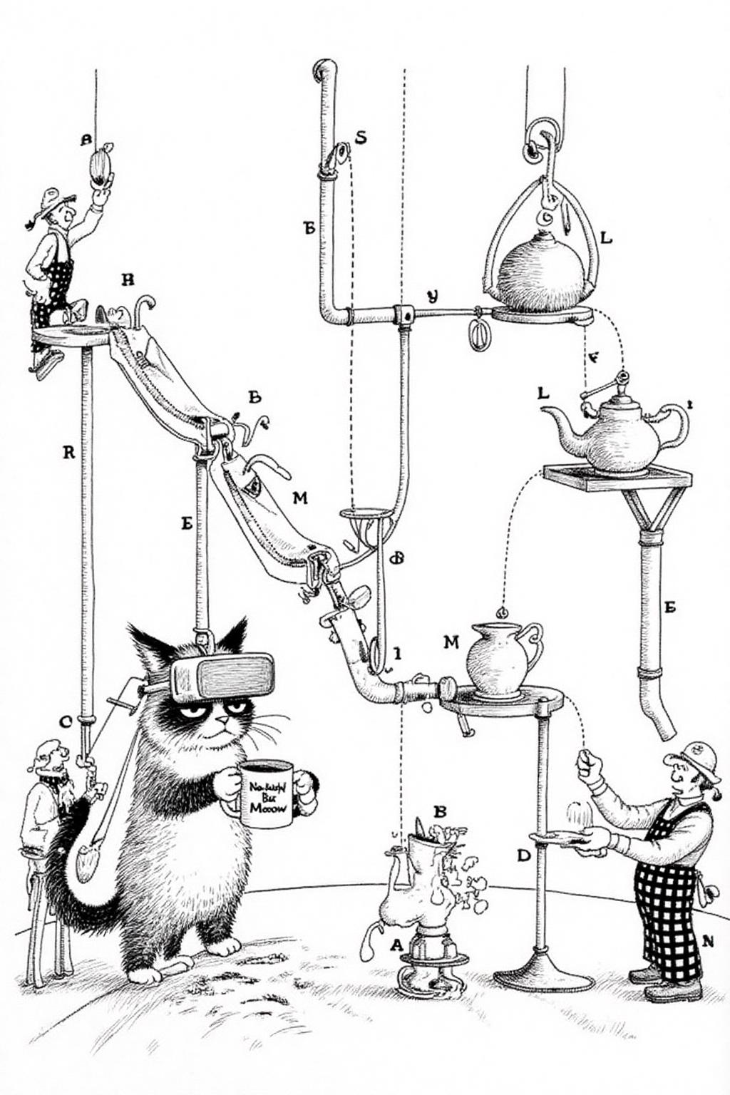 rugo1 illustration.
Grumpy Cat holding a coffee mug, wearing a VR Headset. The mug has the phrase "NobodyButMeow" printed.
In the backgroiund, a strange contraption with pipe, conveyer belts and teapots is being built by workers  <lora:rugo1_cap_d6a3e11:1.0><lora:828768894152887167:0>