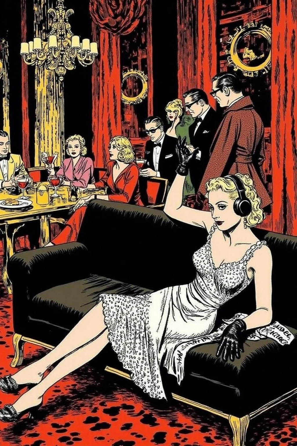 alexray1 drawing
A luxurious, dimly lit lounge set in 1970s Italy, exuding vintage charm and opulence. A stylish young woman in a lace dress, wearing oversized headphones, lounges on a plush velvet couch with an air of cool detachment. She dons sleek black gloves, embodying the effortless glamour of the era. In the background, a group of fashionable, well-dressed people in tailored suits and cocktail dresses sit around a table, enjoying drinks and conversation, all wearing sunglasses. The room is adorned with ornate gold decor, rich velvet textures, and the warm glow of dim lighting, evoking the chic sophistication of Italy's high society in the 1970s.
<lora:alexray1_nocap_d6a3:1.0><lora:815515333747213366:0>
