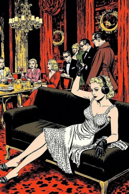 alexray1 drawing
A luxurious, dimly lit lounge set in 1970s Italy, exuding vintage charm and opulence. A stylish young woman in a lace dress, wearing oversized headphones, lounges on a plush velvet couch with an air of cool detachment. She dons sleek black gloves, embodying the effortless glamour of the era. In the background, a group of fashionable, well-dressed people in tailored suits and cocktail dresses sit around a table, enjoying drinks and conversation, all wearing sunglasses. The room is adorned with ornate gold decor, rich velvet textures, and the warm glow of dim lighting, evoking the chic sophistication of Italy's high society in the 1970s.
<lora:alexray1_nocap_d6a3:1.0><lora:815515333747213366:0>