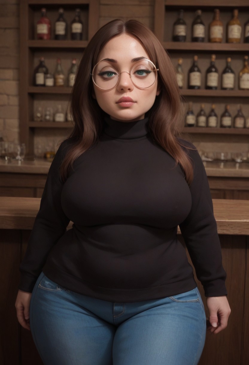 Score_9, score_8_up, score_7_up, eyelashes, round glasses, green eyes, 1girl, solo, pear-shaped figure, sweater, jeans, realistic, (long hair:1.6), black turtleneck sweater, applebottom jeans, looking at viewer, half-closed eyes, :o, large breasts, cowboy shot, indoors, bar, sexy, confident, manicure, milf, parted bangs, ultrs detailed, brown hair, pawg, wide hips, Meg, voluptuous woman in bar wearing black sweater looking at viewer with sultry expression, shortstack