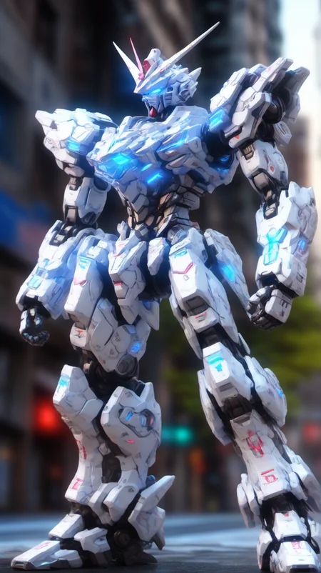 BJ_Gundam_SDXL,solo,blue_eyes,standing,blurry,no_humans,blurry_background,glowing,robot,mecha,glowing_eyes,clenched_hands,science_fiction,looking_ahead,
3d model,8k,intricate,highly detailed,masterpiece,sidelighting,hdr,high definition,<lora:SDXL_Gundam_v3:0.7>,