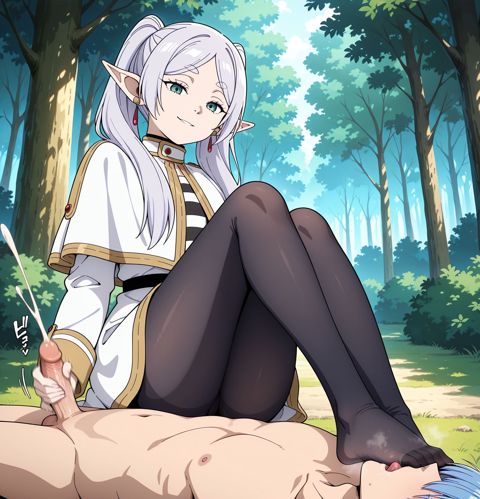 <lora:add-detail-xl:0.5>,,masterpiece,best quality,anime coloring,anime screenshot,
<lora:licking_feet:0.7>licking_feetV1,
1boy,penis,hetero, sound effects, seductive smile, 
licking feet, sitting,(handjob),steam, feet on mouth,
projectile cum, cumdrip, motion lines, motion blur, 
clothed female nude male, looking at another, 
feet on mouth,one leg up,
black pantyhose,
white clothes,frieren outfit,
outdoors, tree, forest,
sousou no frieren,
himmel \(sousou no frieren\), 
official art,
frieren,
20YO, milf,adult couple,