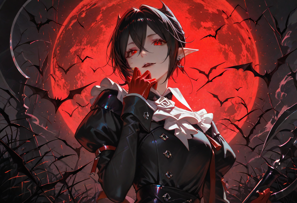 artist:rapscallion, entelechia \(arknights\), field, safe rating, masterpiece, best quality, amazing quality, very aesthetic, absurdres, newest,

holding weapon, scyphe,,
1girl, red eyes, solo, pointy ears, black hair, gloves, red gloves, jewelry, ((upper body)), white ascot, short hair, earrings, looking at viewer, vampire, moon, bat (animal), black dress, black footwear