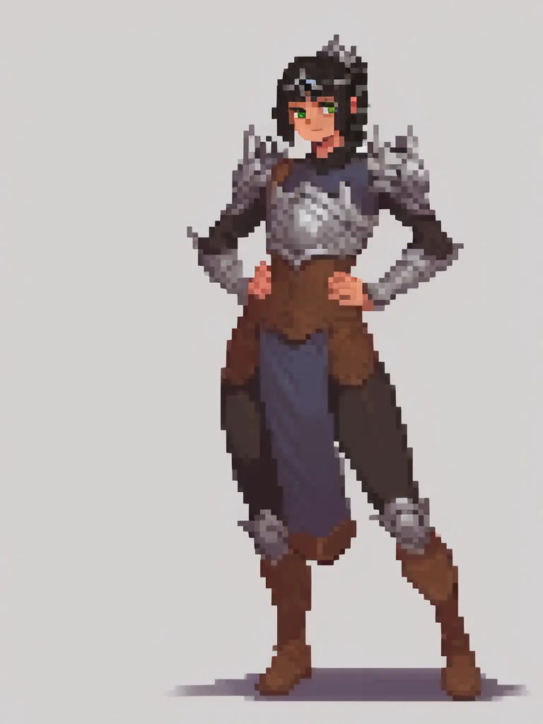 score_9, score_8_up, score_7_up, score_6_up, score_5_up, score_4_up, BREAK, source_cartoon, source_anime, 1girl, solo, shadowheart, black hair, braided ponytail, green eyes, circlet, armor, boots, looking at viewer, armor, full body, hands on hips, looking at viewer, simple background, (pixel:0.8), flat <lora:ShadowHeartXL:1> <lora:pixelbuildings128-v2:1>