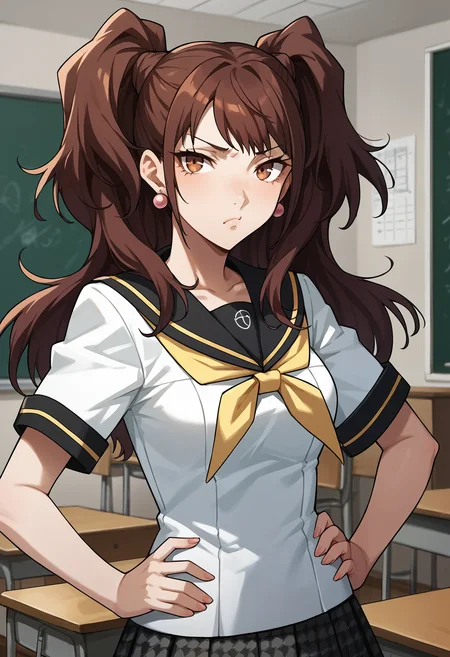 score_9, score_8_up, score_7_up, score_6_up, score_5_up, score_4_up, source_anime
1 girl, solo,
p4rise, kujikawa rise, twintails, long hair, brown hair, earrings
p4rise-sumuni, yasogami school uniform, serafuku, short sleeves, white shirt, skirt, pleated skirt, houndstooth,
classroom, standing, looking at viewer, hands on hips, pout, (puffy cheeks, cheek bulge:0.85),
masterwork, masterpiece, best quality, hyper-detailed