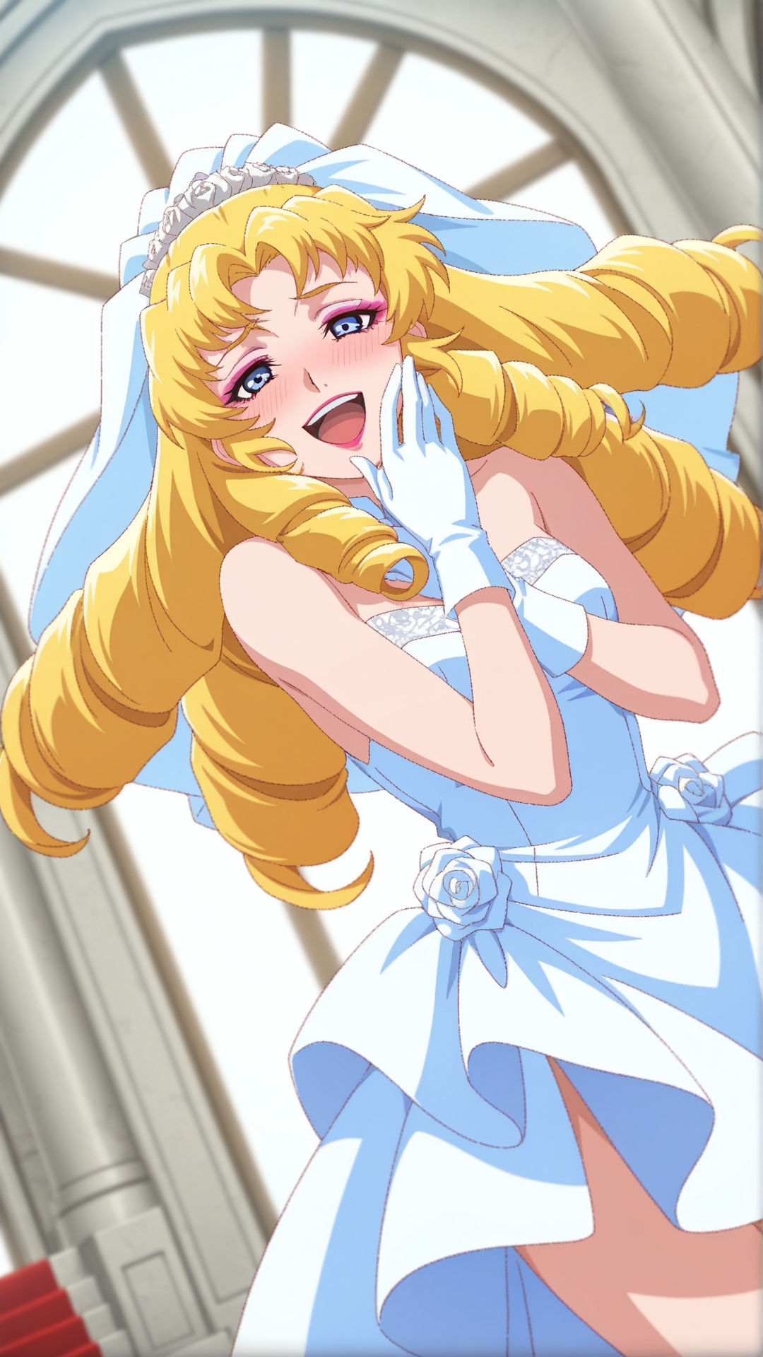 source_anime, general, best quality, masterpiece, 1girl,  <lora:Nellie_Oleson_ill:1> nellie oleson\(ggen\),blonde hair,drill hair, long hair, blue eyes,ringlets, makeup, cowboy shot, dynamic pose, dutch angle, wedding dress,chapel, laughing, (embarrassed:0.8),