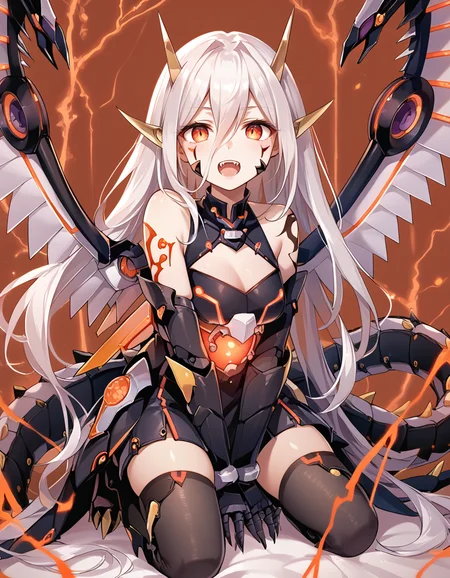 (score_9:0.9),score_8_up,score_7_up,rating_safe,(zPDXL3),
<lora:Cyber Dragon Infinity ponyXL v1.12:0.8>,
cyber dragon infinity,1girl,solo,open mouth,white hair,long hair,horns,personification,thighhighs,looking at viewer,bare shoulders,fangs,mecha girl,red lightning,black elbow gloves,kneeling,tattoo,facial tattoo,breastplate,mecha wings,