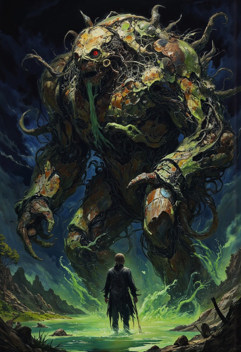 Screen grab from a 1940s dark fantasy movie, wizard of oz style color, occult, Emerging slowly from the thick, bubbling waters of the glue swamp, the Dross Golem towers over the marshland, its body a grotesque fusion of rusted machine parts and decaying papier-mâché, glowing green sludge seeping from the cracks in its hulking form as it lumbers forward with a menacing groan