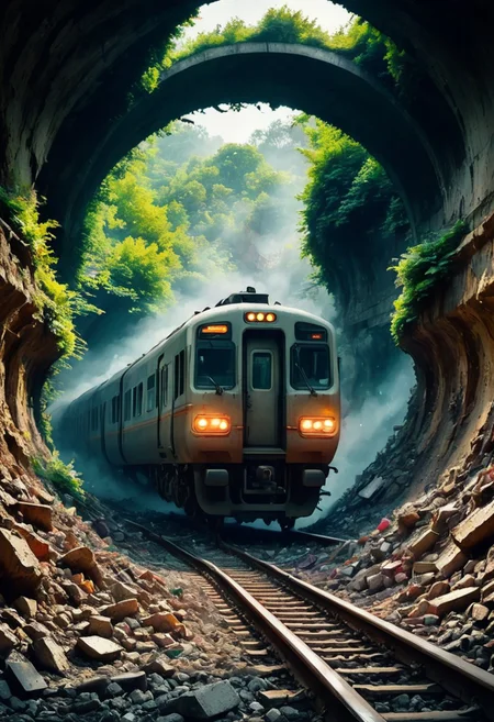 a train is standing in a tunnel. the tunnel collapsed. There are pieces of rubble on the train. the train is destroyed and old. Plants and trees are already growing in the tunnel. many trees
best quality, ultra-detailed, very aesthetic, illustration, perfect composition, intricate details, absurd, atmospheric lighting, streaks of light
Masterpiece, vibrant colors, very detailed, midjourneyv6.1, detail background, front view