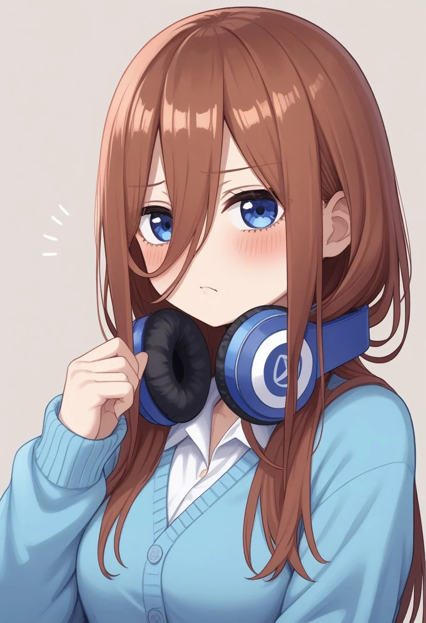1girl, nakano miku, Go-Toubun no Hanayome, headphones around neck, headphones, solo, pout, hair between eyes, blue eyes, blue cardigan, long hair, :t, brown hair, blush, shirt, white shirt, simple background, cardigan