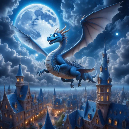 3D Pixar style, enchanting dragon flying above a magical city, detailed architecture, glowing lights, vibrant blue hues, intricate textures, large moon and clouds in the background, whimsical and captivating atmosphere, high contrast, ethereal and dreamlike, smooth and polished surfaces