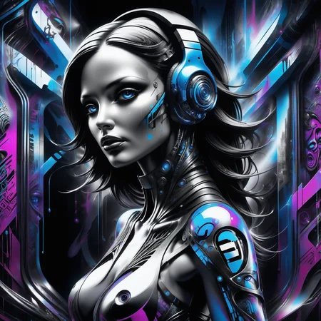 Jed-CyFut, masterpiece, full of details, positive emotional, Jed-Gr4ff1t1,wallpaper enginge, <lora:GraffitiStyle-000003:0.7>, <lora:CyberFuturisticStyle:0.7>, atmospheric perspective, Female, Ilford XP2 400, Dark hue, delicate, highly decorated, glowing, deep aesthetic, theatrical
