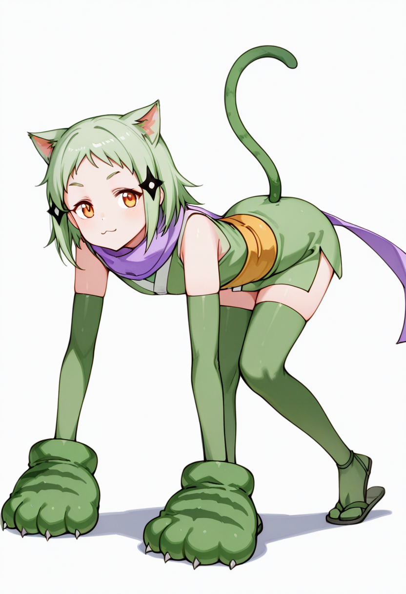 masterpiece,high quality details, absurdres, 
one knee raised to chest, arms wrapped around leg, opposite foot pointed  ,
 <lora:Mao_Kusagakure:0.8>
mao_cnr, 1girl, green hair, short hair,orange eyes, cat ears,cat tail,hair ornament,
ninja, japanese clothes, kimono, sleeveless kimono,purple scarf,elbow gloves,green thighhighs, sandals,paw gloves,cat paws,, :3,, simple background, white background, from behind,solo,