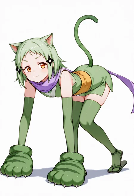 masterpiece,high quality details, absurdres,
one knee raised to chest, arms wrapped around leg, opposite foot pointed ,
<lora:Mao_Kusagakure:0.8>
mao_cnr, 1girl, green hair, short hair,orange eyes, cat ears,cat tail,hair ornament,
ninja, japanese clothes, kimono, sleeveless kimono,purple scarf,elbow gloves,green thighhighs, sandals,paw gloves,cat paws,, :3,, simple background, white background, from behind,solo,