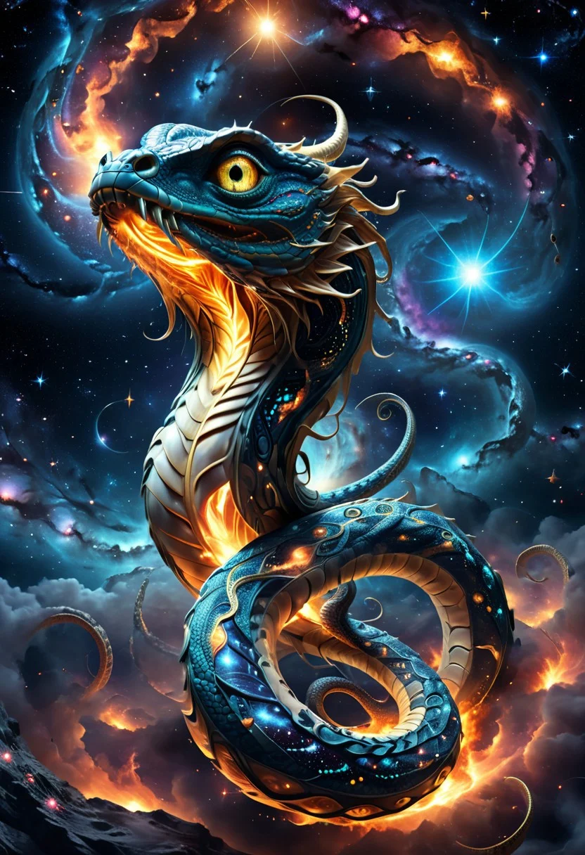 The Celestial Serpent: A colossal serpent with shimmering scales that reflect the constellations. It coils around celestial bodies, its eyes like burning stars, and its breath a swirling vortex of cosmic energy. 8k, hyperrealistic.