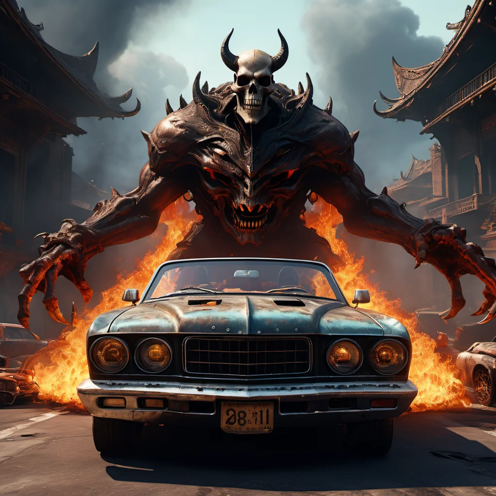 ((best quality)), ((masterpiece)), ((realistic,digital art)), (hyper detailed),DonMH311XL, monster,skull,demon,fire, Conveyance, Convertible Roof, Electrochromatic Mirrors, Clearance Lights, Luggage Carrier, Ethereal Crystal, __properties/Visual-Appearance__, Worn Patina,, octane rendering, raytracing, volumetric lighting, Backlit,Rim Lighting, 8K, HDR, <lora:HellAI_XL-000011:0.8>