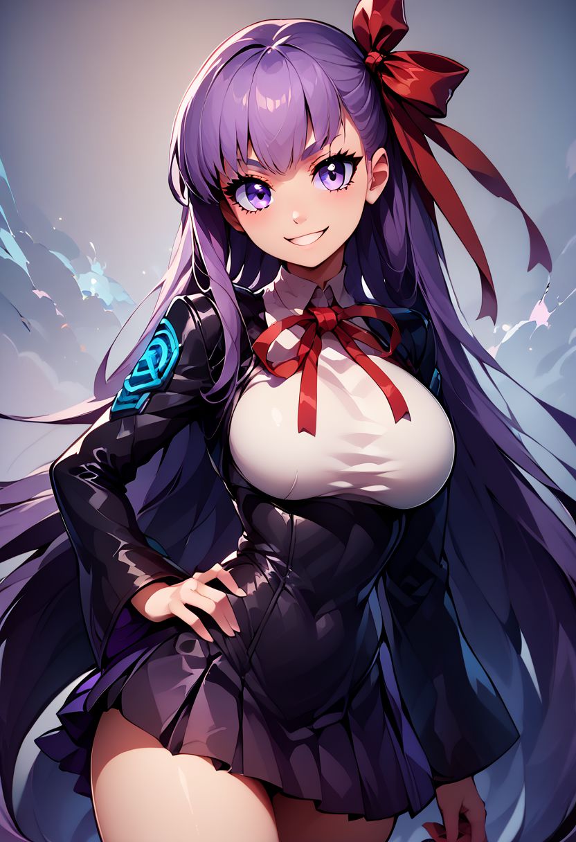 score_9, score_8_up, score_8, big breasts, (curvy), cute, eyelashes, 
BREAK, 
zzBB, long hair, purple hair, purple eyes, bangs, ribbon, breasts, hair ribbon, smile, large breasts, very long hair, red ribbon, blush, neck ribbon
cowboy shot, smile,  hand on hip, wide hips, 
BREAK, 
zPDXL, Expressiveh