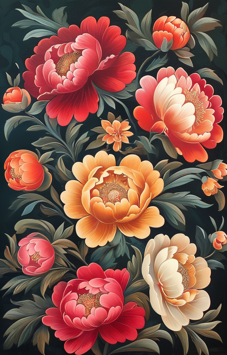 masterpiece,best quality,<lora:tbh230-sdxl:0.9>,illustration,Khokhloma, decaying peonies