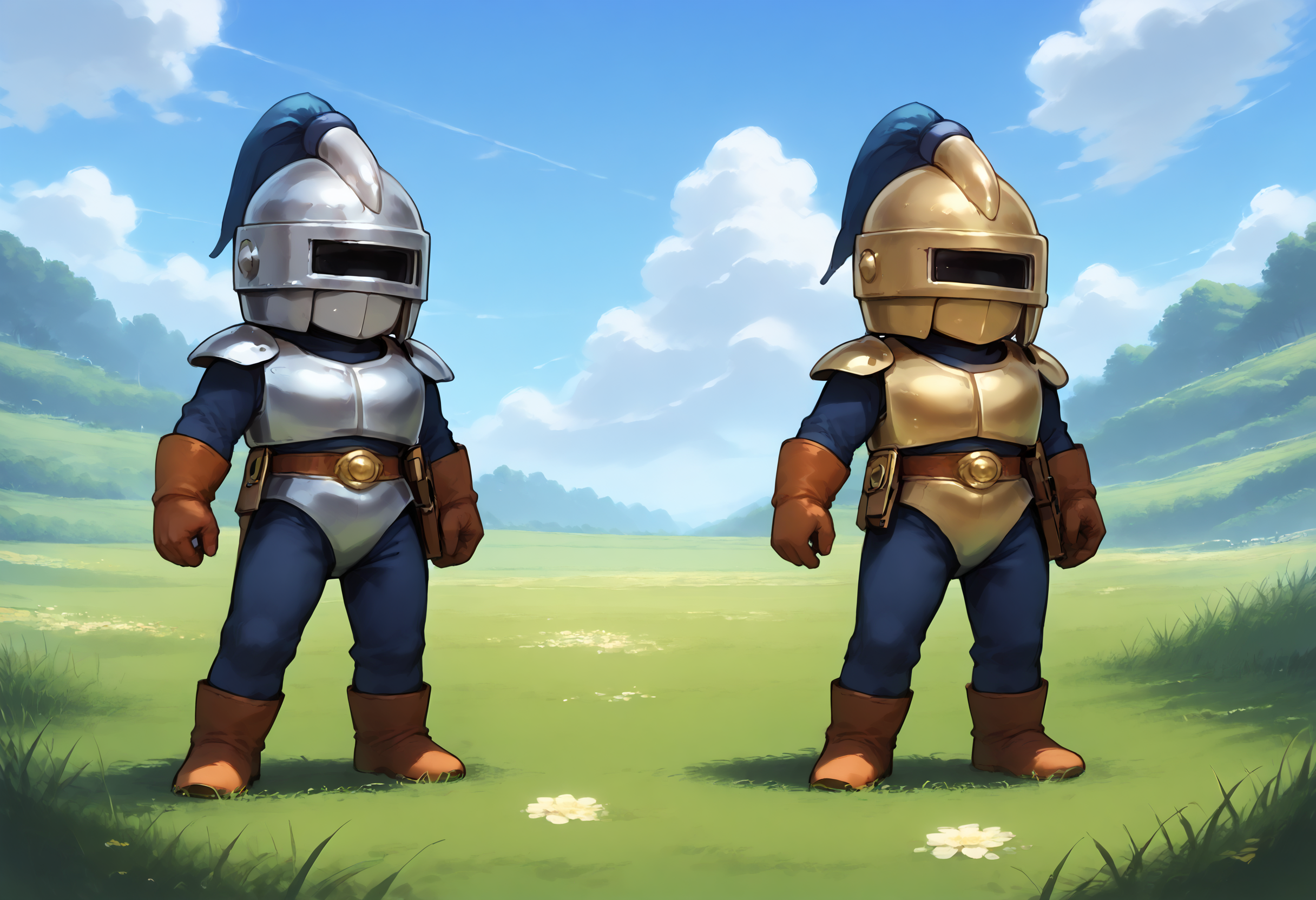score_9,score_8_up,score_7_up,best quality,masterpiece,super detailed,full_body,zPDXL BREAK nature,field,
<lora:Pony_DetailV2.0:1> BREAK slime knight,slime_(dragon_quest),armor,helmet,knight,<lora:slime knight-v3-pony:0.7>,^o^,looking_each_other,