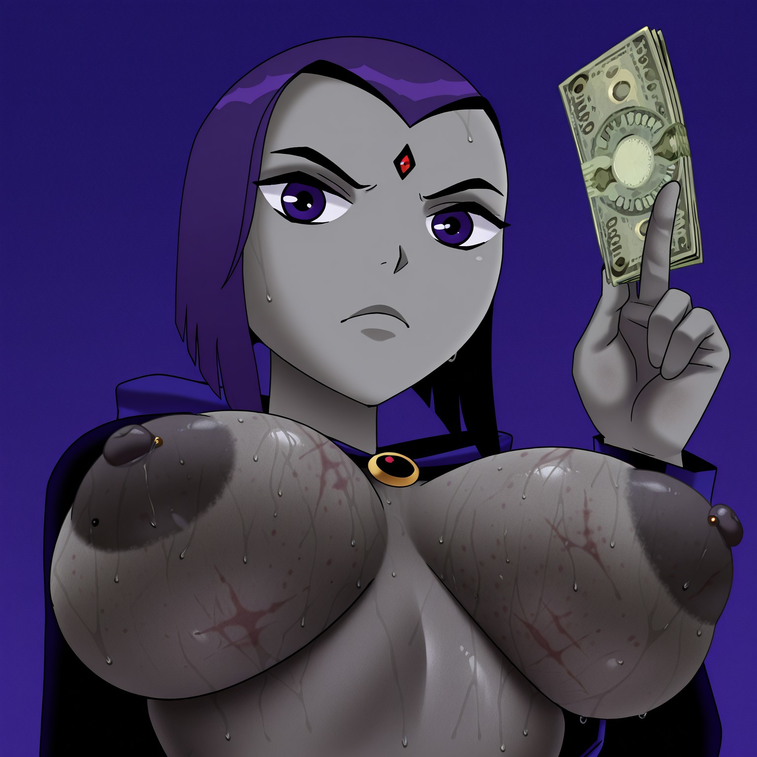 safe_pos, masterpiece, best quality, amazing quality, very aesthetic, high resolution, 
BREAK  ravenDP, Raven, 1girl, money, nipples, breasts, grey skin, solo, forehead jewel, purple eyes, sweat, purple hair, colored skin, from below, big breasts, bite marks, bite marks on breasts, looking at viewer, prostitution, blue background, holding money, simple background, frown, upper body