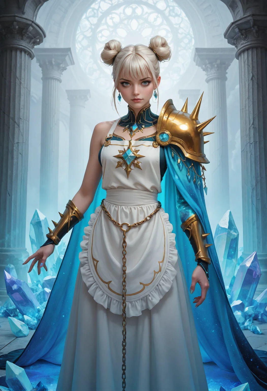 A flat 2D minimalist concept artwork showing a crystal lich creating a scene of pristine aesthetics.  She is summoning in colossal curved pillars made of crystal that are piercing through the ground.  Her slender frame is cloaked in a worn chain-cloak with a crystalline design, featuring a matching apron cinched at the waist, paired with moonstone spikes. Long gold-trimmed slabs of moonstone are attached to a large pauldron on one shoulder. Chains add to the outfit's edgy style.  Her messy platinum blonde hair is styled into fantasy double-buns.  Taking place on a crystal watchtower viewing platform with artful balustrades, with winged shadows approaching in the background. Overlooking iridescent surreal fields scattered with monoliths.  The concept artwork's style is a messy speedpaint, showcasing bold brushstrokes, featuring color field designs with lineless shapes and free form. The color palette is combining clashing hues.