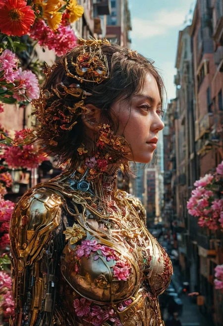 look still from alita, japanese art art, cinq terre, 8k highly detailed,  Front profile full body photography, highlights 8k in focus abstract red by Chaotic stunning new york city, skyline, illustrated by herge, style of tin tin, red yellow gold pink klimt flowers gold foil 8k in focus gorgeous superb sublime awesome 8k hyperdetailed hyper-realistic 8k, the mystical light, professional photography, natural lighting, aaron horkey,Greg Rutkowski