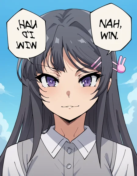 score_9, score_8_up, score_7_up, source_anime, maisakurajima, <lora:mai-sakurajima-s1-ponyxl-lora-nochekaiser:1> mai sakurajima, long hair, bangs, black hair, hair ornament, purple eyes, hairclip, rabbit hair ornament, medium breasts,, <lora:nah-id-win-ponyxl-lora-nochekaiser:1> nah id win, nah i'd win (meme), english text, speech bubble, meme, talking, straight-on, portrait, , ,
