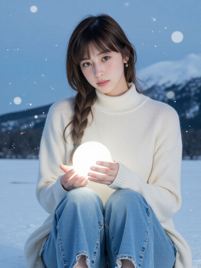 There are wonderful studio lights and various reflections,
18yo beautiful cute girl with blushing and female orgasm.skin naturally showing the texture of blood vessels and detailed pale skin,
--,
<lora:Nakajo_Ayami_f1:1>,she is Nakajo Ayami,
(Cashmere_turtleneck:1.4),(Cropped_flare_jeans:1.3),(White_sneakers:1.2), A magical winter forest with sparkling snowflakes  falling from the sky. A frozen lake beneath a lonely mountain with a snow summit. A gorgeous female (most beautiful girl in the world) with brown hair falling down her shoulders in a braid, she is sitting on her knees holding a magical glowing frost orb elevating slightly above her hands.she with a slit revealing her legs. she has big beautiful eyes with a light blue eye color and a light smile on her face. Her skin is an ethereal pale, almost translucent with a bluish hue, as if it has never felt warmth. The cold, frosty light casts soft shadows on her sharp, angular features, accentuating her high cheekbones and delicate jawline.Her makeup is subtle yet striking, with a frosty silver-blue eyeshadow that blends into her pale skin, drawing attention to her piercing ice-blue eyes. These eyes are sharp and full of wisdom, glowing softly with a mysterious, magical light. Long, thick eyelashes are dusted with a faint shimmer of frost, and her lips are a cool shade of frostbite blue, giving her an otherworldly, cold beauty.fantasy art style, perfect lighting, beautiful colors, 3D portrait, (8k resolution), artwork.,,#GXTå°éªæ°´æ¶ç