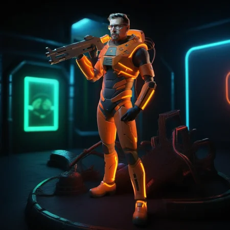 a man with glasses in a orange and black space suit, holds a rifle, dystopian background <lora:GordonFreeman1024:0.8>
