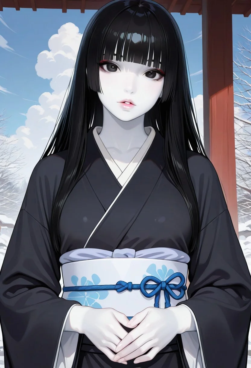 1girl, sky, black hair, long hair, hime cut, masterpiece, black eyes, colored skin, (white skin:1.3), Yuki-Onna, parted lips, looking at viewer, black kimono, wide sleeves, obi, japanese clothes, outdoors, hands held together on stomach, cloud, volumetric lighting, blue sky, portrait, upper body,