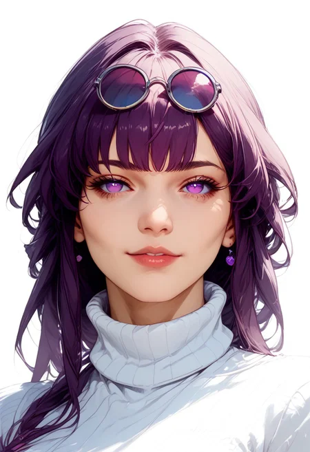 score_9, score_8_up, score_8, score_7_up, score_7, ((close up)), face focus, Expressiveh
BREAK
1girl, solo, kafka hsr, long hair, purple hair,purple eyes,eyewear on head, large breasts, looking at viewer, head tilt, seductive look, aroused, horny, standing, pale purple turtleneck sweater, light smile
BREAK
white background