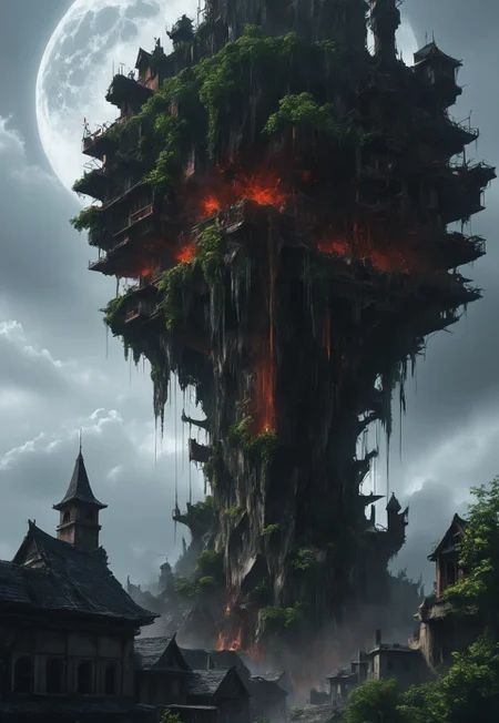 a shattered tower rising against the sky,  the steep walls of moldering stones into the distant valley that extended all the way to the horizon. A full moon was rising. the chasm that opened below, at the bottom of the tower. There in the swirling red mists some horrendous shapes writhed and palpitated.  
 (8k uhd:1,4)
 <lora:add-detail-xl:1>
 <lora:Dynamic Poses:1>