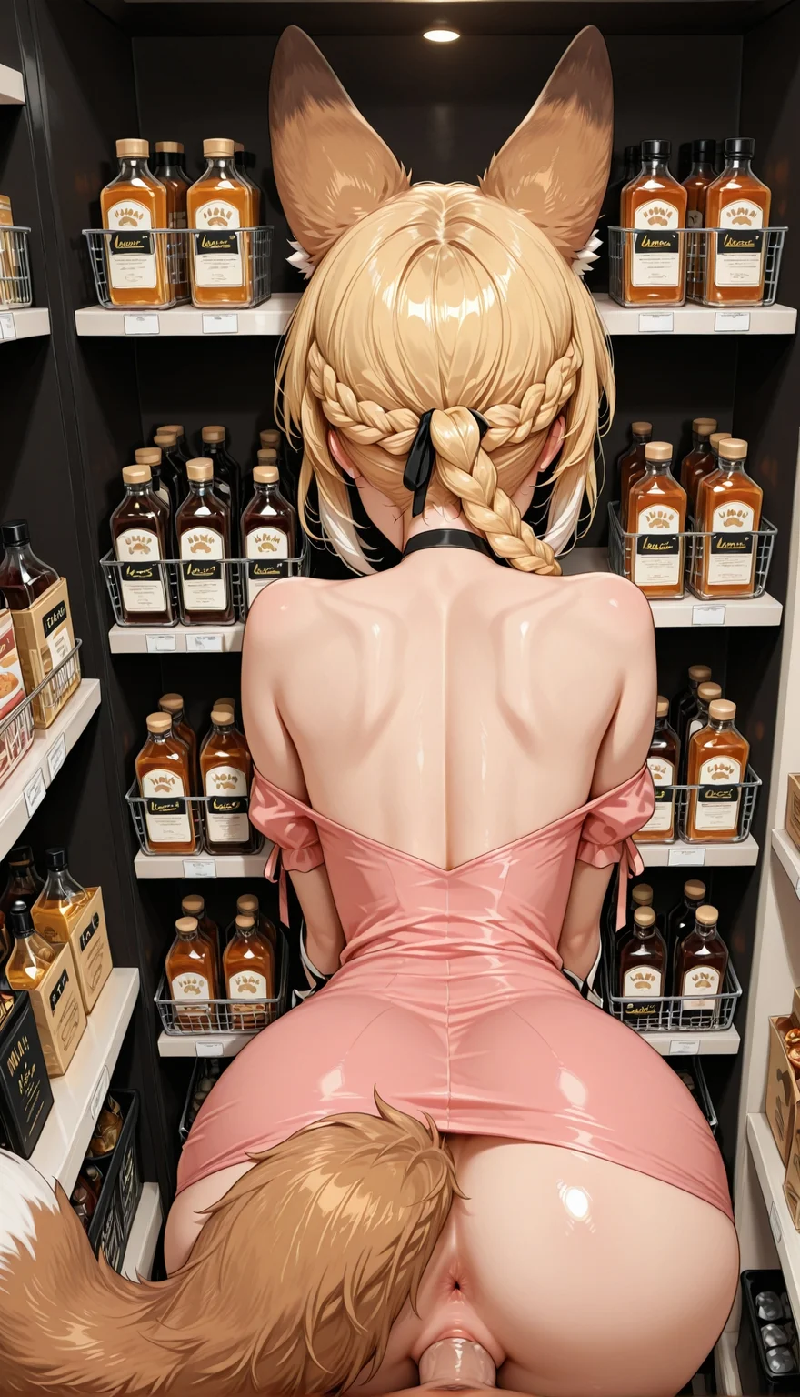 masterpiece, best quality, amazing quality, uncensored,
1girl, solo, extreme detail, Masterpiece, Best Quality, beautiful, high res image, rating_explicit, shop,(mart:1.1), hand shelf, (long pink dress:0.9), bent over, blonde braid, view from side above, back head, wide, ( dress close up:1.3), close up,((foxymoxy1)), animal_ears, tail,
