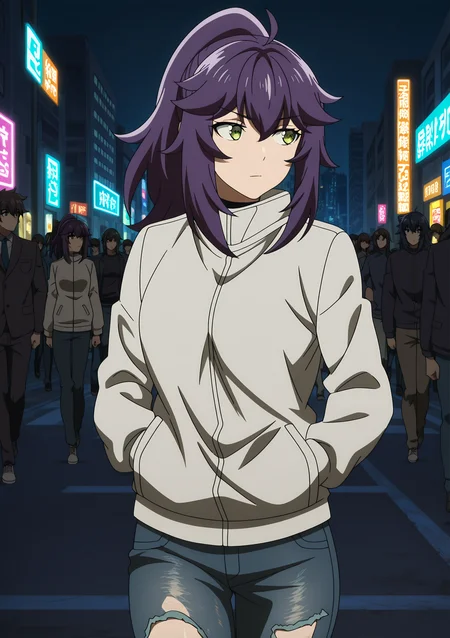 volumetric lighting, official style, amazing quality, ultra detailed, highres, detailed background,anime coloring, (anime screencap) masterpiece, detailed face,1girl<lora:Aul__:1>Aul, ponytail, solo, purple hair, long hair, green eyes, bangs, sidelocks, ,jacket, walking, at night, (eyes looking away from the viewer:1.3, looking away from viewer:1.3), ripped jeans, hands in pocket, nighttime, city streets, neon signs, crowd behind,