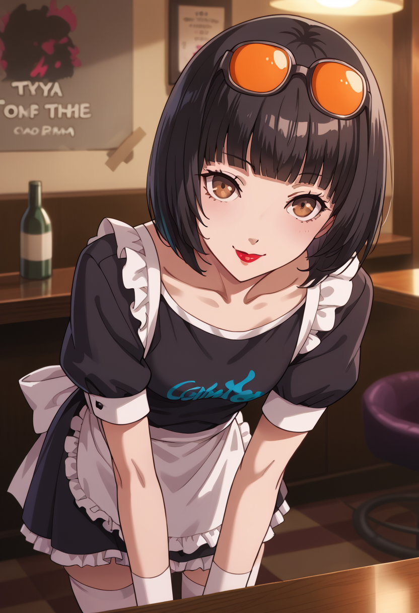 score_9, score_8_up, source_animem
1 girl, solo, cute face,
p5ohya, black hair, bob cut, blunt bangs, lipstick, brown eyes, sunglasses, eyewear on head,
maid outfit, thighhighs,
inside, cafe, looking at viewer, smile,