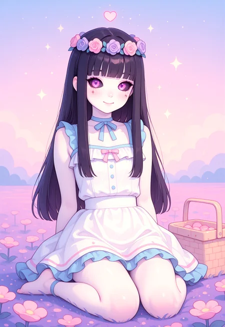 masterpiece, best quality, ultra-detailed, photorealistic, 1girl, young woman,
cute smile, making flower crown, looking at viewer, sitting,
long black straight hair, blunt bangs,
pale skin, soft blush on cheeks,
glowing purple eyes, dark eyeliner, subtle dark sclera,
slim face, small nose, beauty marks,
cute pastel outfit, simple pastel background, flower field background, picnic basket, delicate flowers, dreamy pastel tones, soft lighting,
kawaii aesthetics, japanese idol,
ng_deepnegative_v1_75t, Luna Corvus, k4w4iim1r41