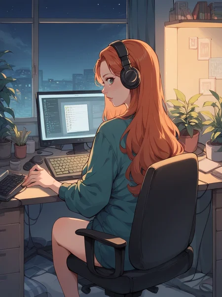 score_9, score_8_up, score_7_up, score_6_up, score_5_up,  <lora:c0mpXLP:0.7> c0mp, sitting, indoors, chair, computer, monitor, headphones, desk, from behind, keyboard (computer), 1girl, long hair, ginger hair, looking back, night, neon, plump, curvy, potted plant,
