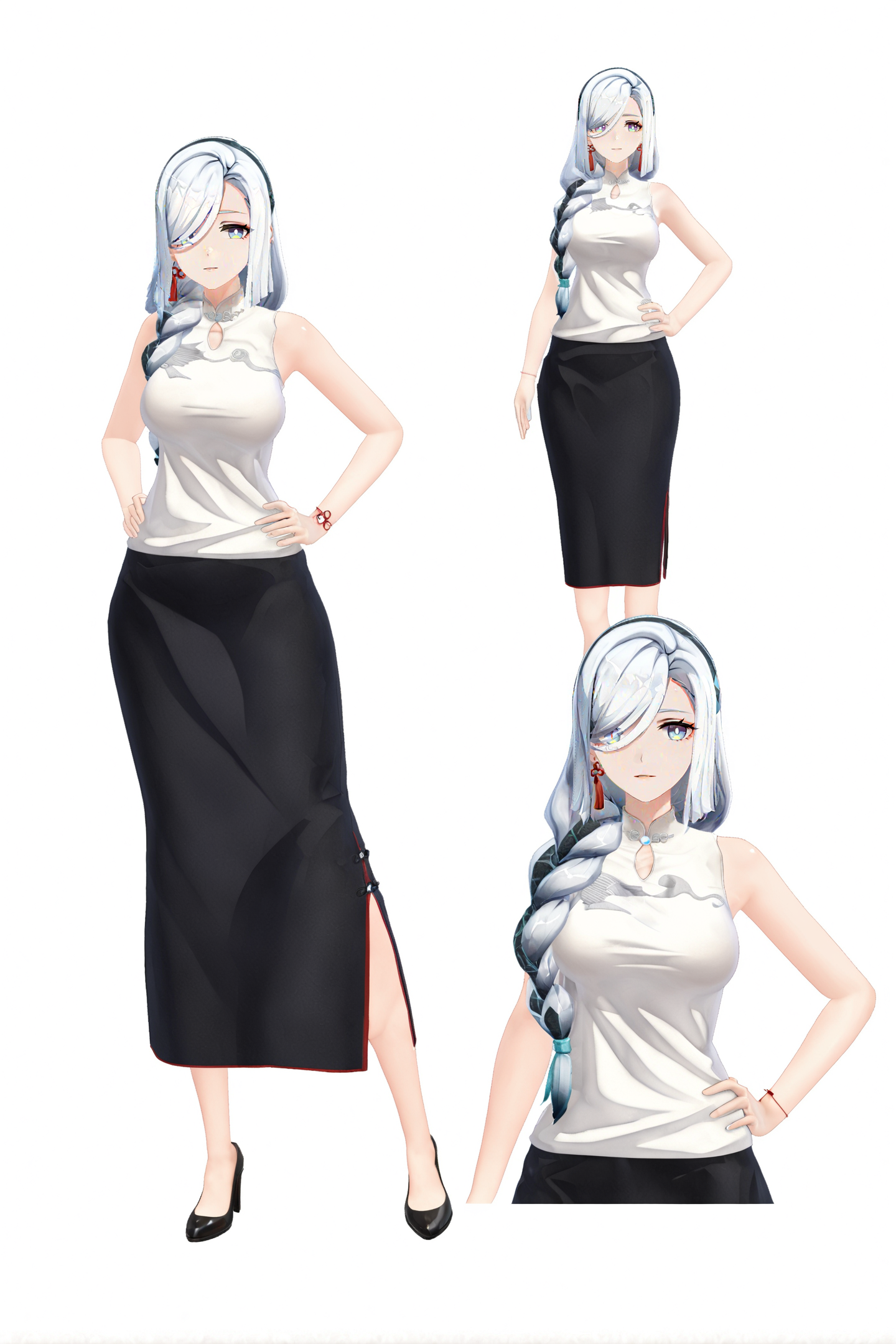 8k, best quality, masterpiece, (ultra-detailed:1.1), (high detailed skin), 
(full body), white background, standing, looking at viewer, (solo), hand on hip, 
<lora:ganshenxian-A3-Tanger-000010:0.8>,shenhe \(genshin impact\), shenhe's casual clothes, 1girl, long hair, skirt, full body, jewelry, hair over one eye, braid, breasts, standing, shirt, looking at viewer, long skirt, black skirt, 
(white background, simple background), 
(beautiful_face), ((intricate_detail)), clear face, 
((finely_detailed)), fine_fabric_emphasis, 
((glossy)), full_shot,