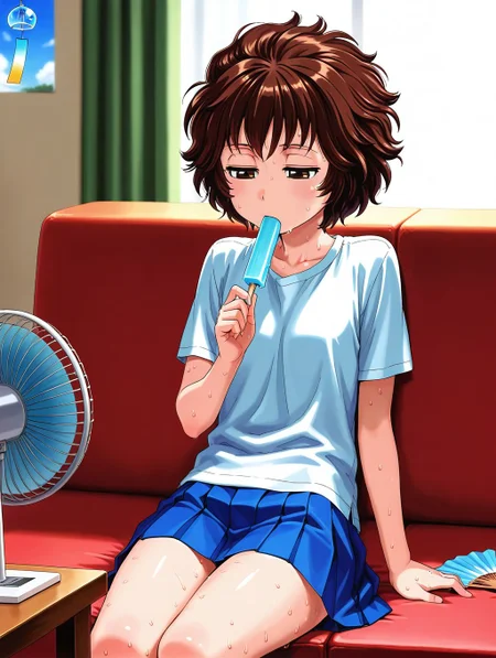 1girl,<lora:marnie_ill_v2.1:0.9> toshimarnie, short hair, messy hair, brown hair, brown eyes,BREAK
living room,on couch,eating,hot,sweat,t-shirt,half-closed eyes,popsicle,skirt,BREAK
masterpiece,best quality,amazing quality,sunlight,hand fan, wind chime