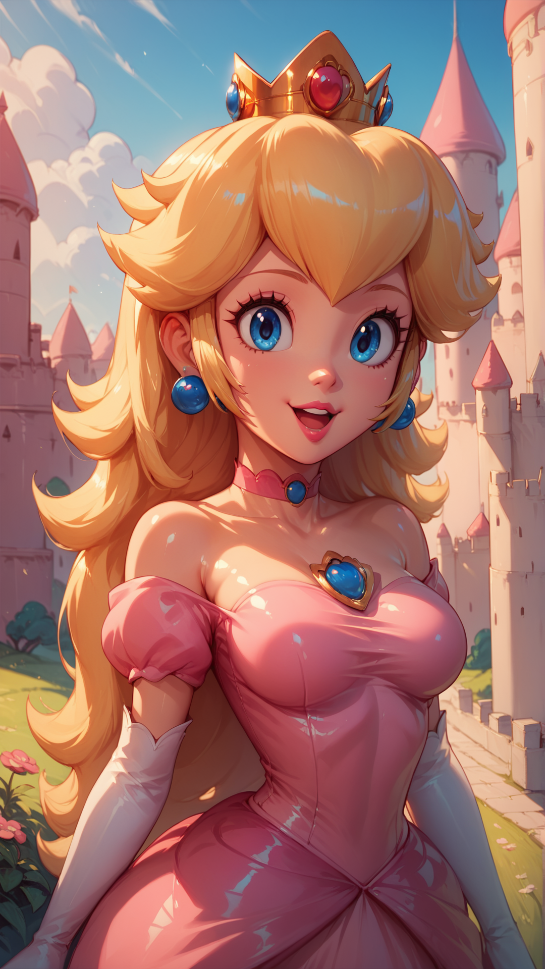 score_7_up,score_8_up,score_9,1girl,solo,jewelry,earrings,blue eyes,long hair,breasts,very long hair,big hair,choker,pink dress,medium breasts,bare shoulders,:d,outdoors,smile,open mouth,<lora:Princess_Peach_Shiny_Style_V2:0.8>,shiny,shiny skin,princess peach,castle,