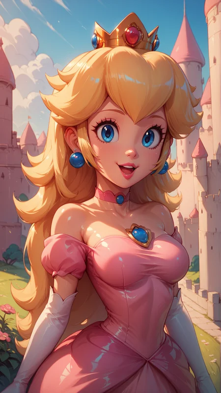 score_7_up,score_8_up,score_9,1girl,solo,jewelry,earrings,blue eyes,long hair,breasts,very long hair,big hair,choker,pink dress,medium breasts,bare shoulders,:d,outdoors,smile,open mouth,<lora:Princess_Peach_Shiny_Style_V2:0.8>,shiny,shiny skin,princess peach,castle,