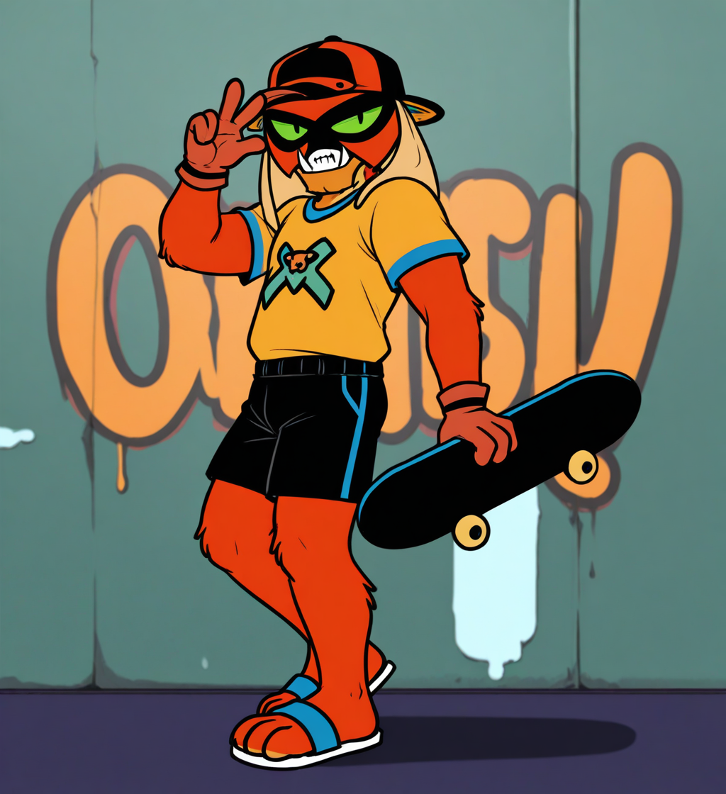 high resolution, best quality, 4k, solo, male, side view, backwards baseball cap, skateboard, holding skateboard, backwards peace sign, graffiti background, <lora:Brak_-_Space_Ghost_IL:0.95> br4k, alien, orange mask, green sclera, black pupils, slit pupils, fangs, tusks, orange fur, orange gloves, sandals, shorts, sports jersey