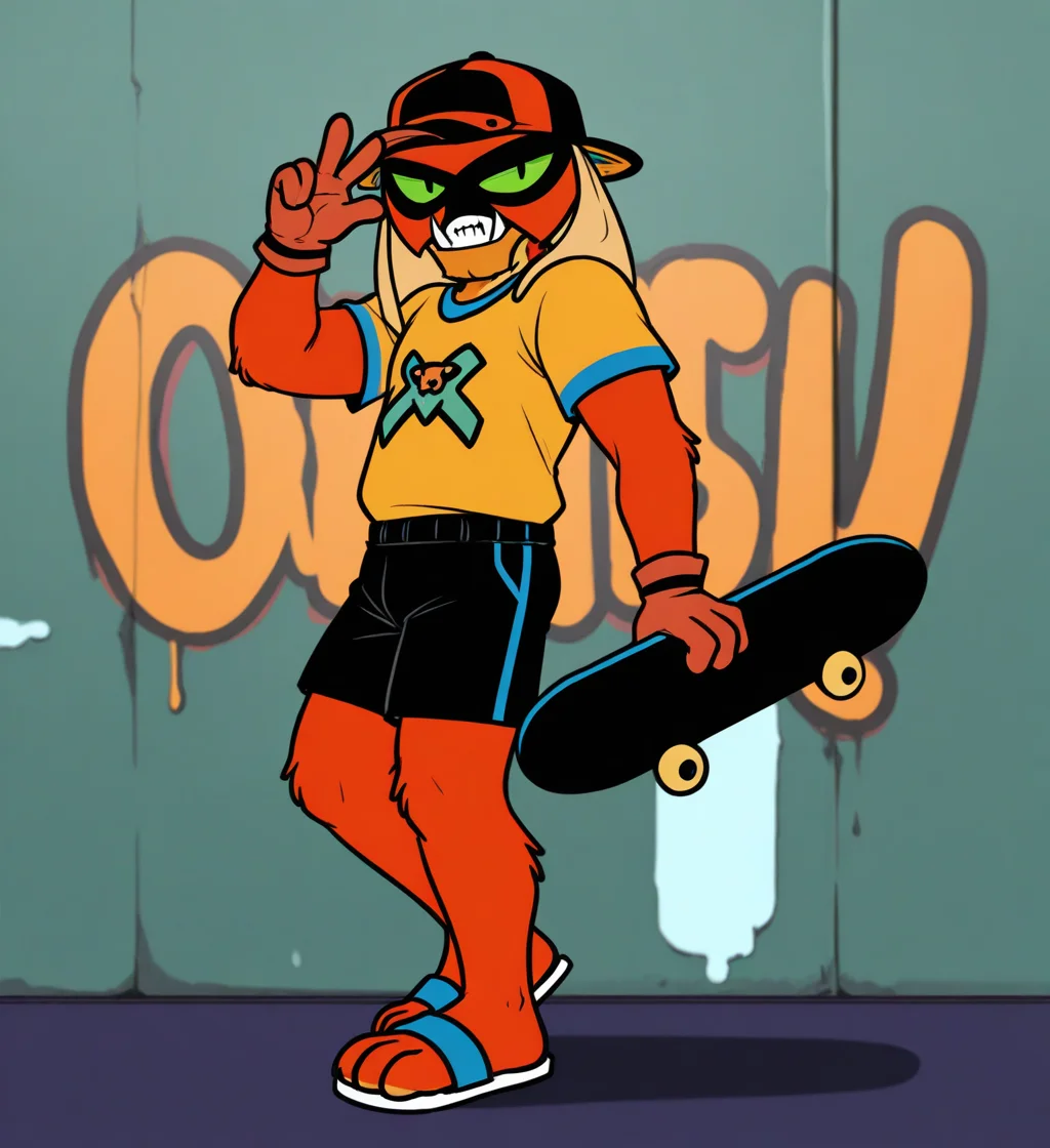 high resolution, best quality, 4k, solo, male, side view, backwards baseball cap, skateboard, holding skateboard, backwards peace sign, graffiti background, <lora:Brak_-_Space_Ghost_IL:0.95> br4k, alien, orange mask, green sclera, black pupils, slit pupils, fangs, tusks, orange fur, orange gloves, sandals, shorts, sports jersey